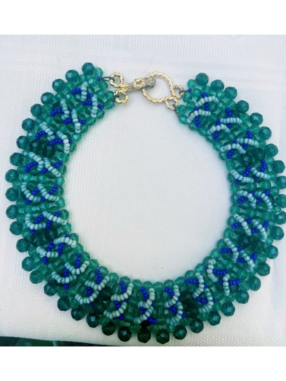 Handcrafted Beaded Necklace With Green Crystals & Blue Accents Elegant Statement
